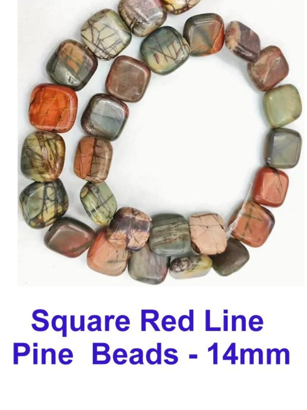 Square Red Line Pine  Beads - 14mm  - 7" Strand - 13 beads